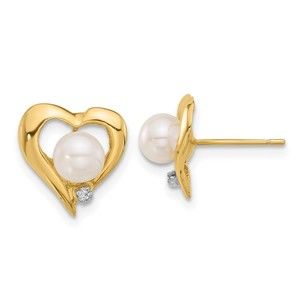 14K 5-6mm Button White FWC Pearl .02ct Diamond Heart Post Earrings